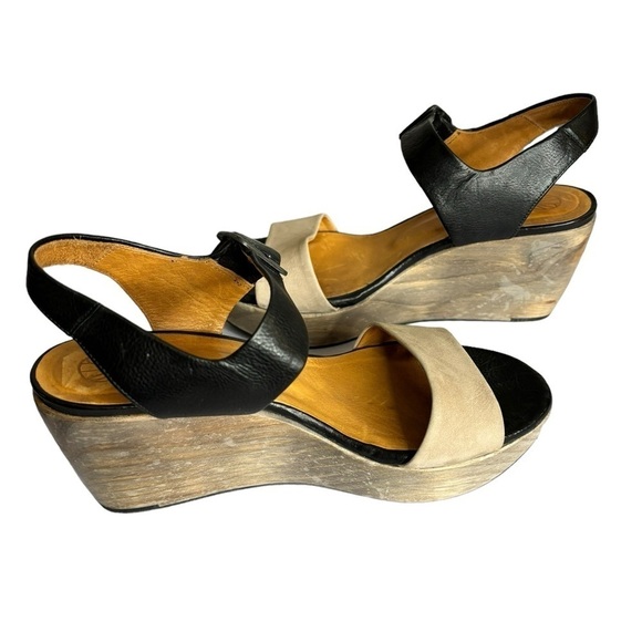 Coclico Black Gray Leather Wood Wedge Sandals Women’s Size 37 US 6.5-7 - Picture 3 of 9